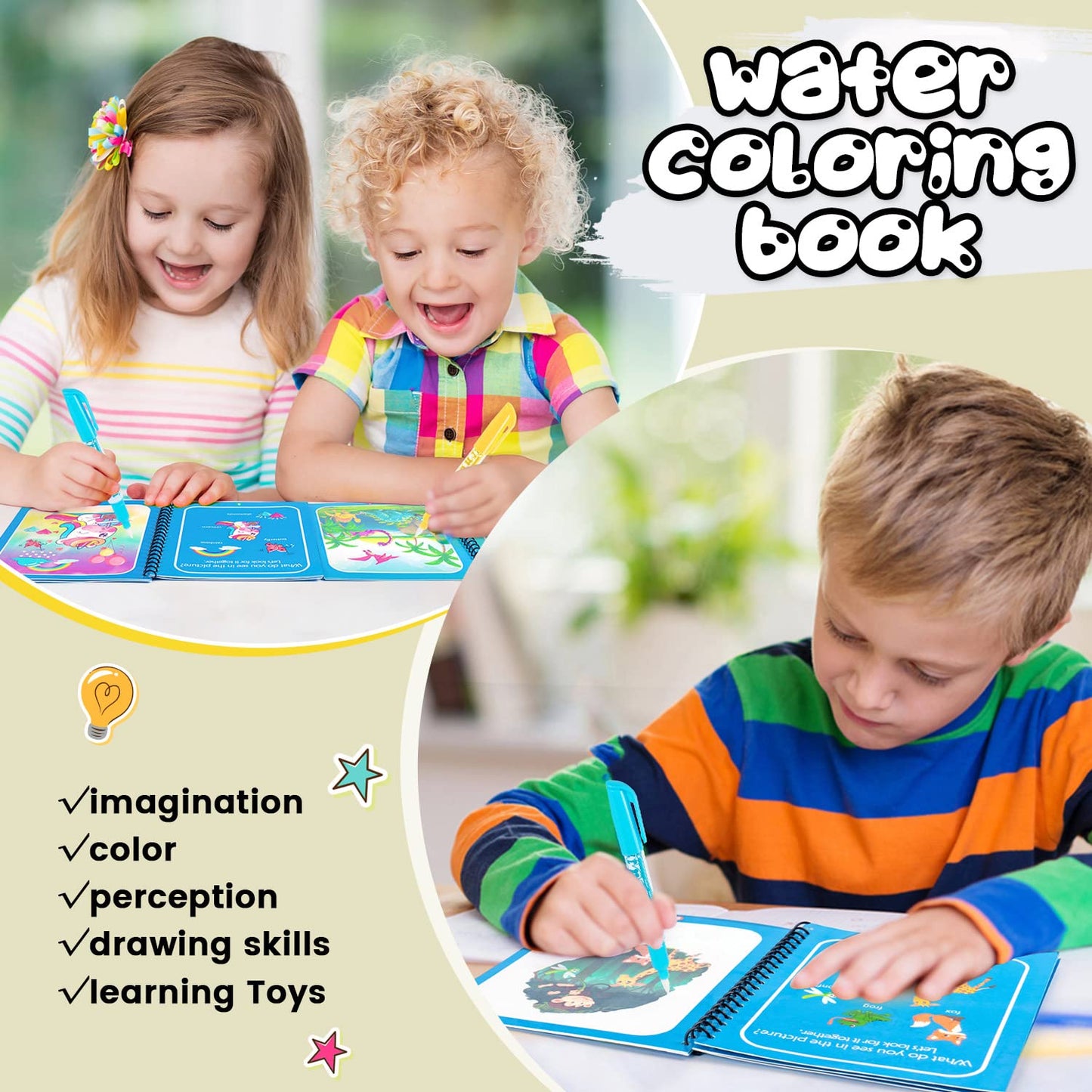 Magic Water Drawing & Coloring Book for Kids with Reusable Water Pen