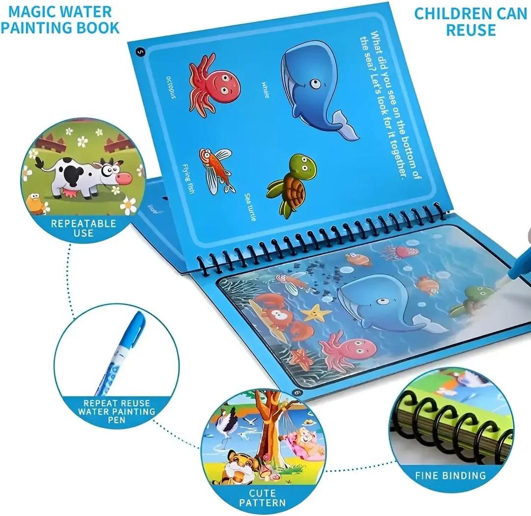 Magic Water Drawing & Coloring Book for Kids with Reusable Water Pen