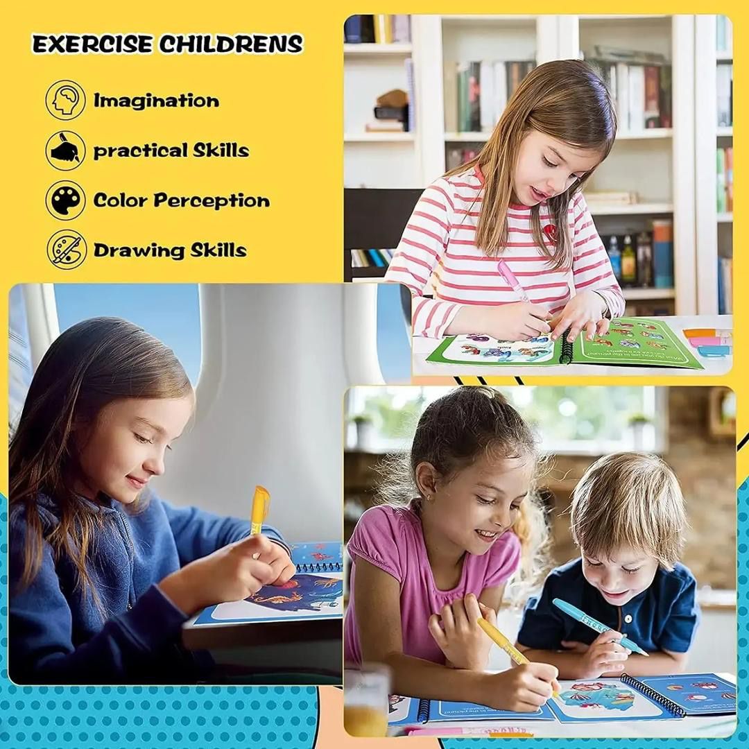 Magic Water Drawing & Coloring Book for Kids with Reusable Water Pen