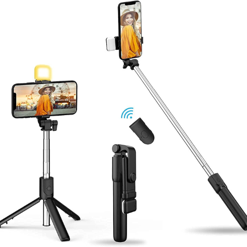 4-in-1 Wireless Bluetooth Selfie Stick Tripod Stand with Remote Control & LED Light – Portable Foldable Phone Holder