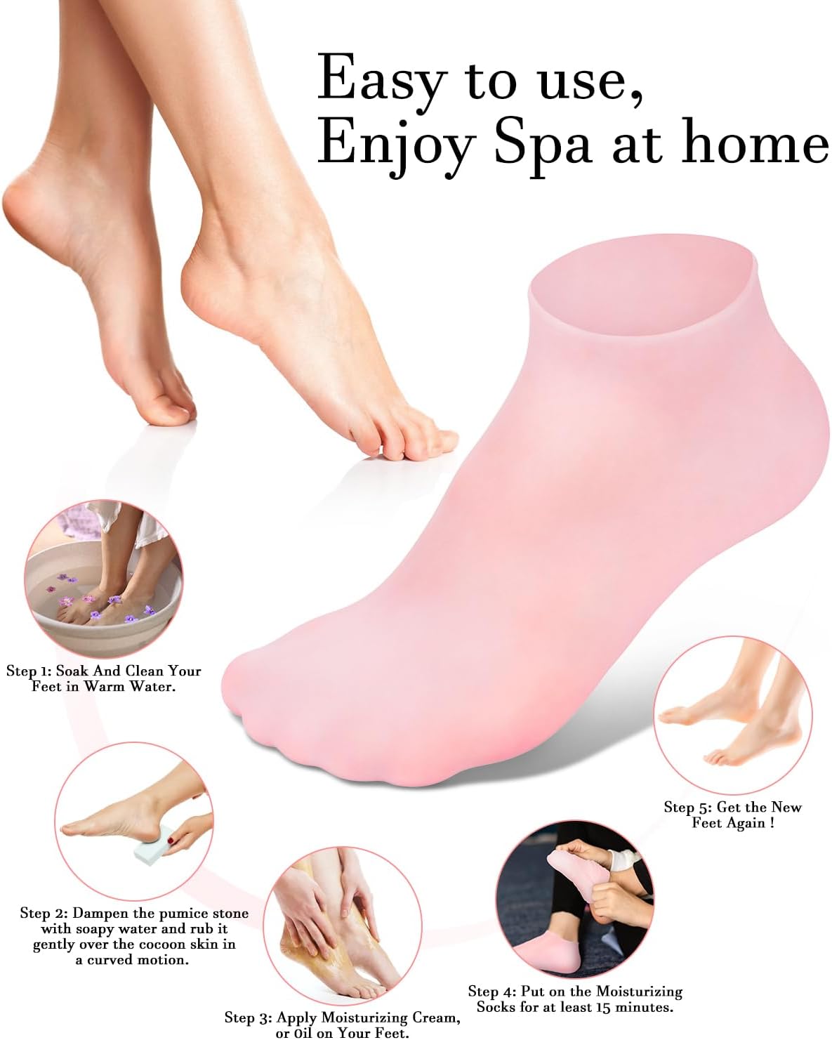 Silicone Moisturizing Gel Socks for Cracked Heels & Dry Skin (1 Pair, Pink)