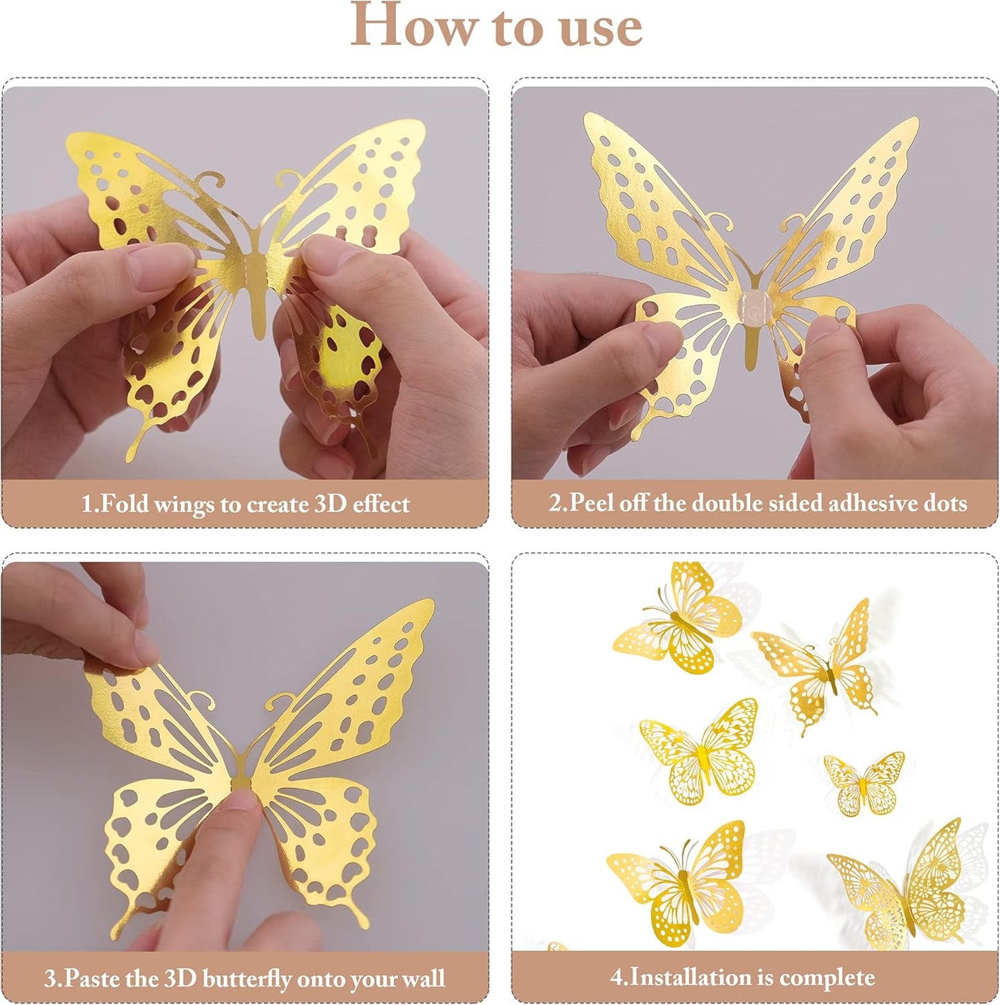 3D Gold Butterfly Wall Decor | Removable Stickers ( 12 Pcs )